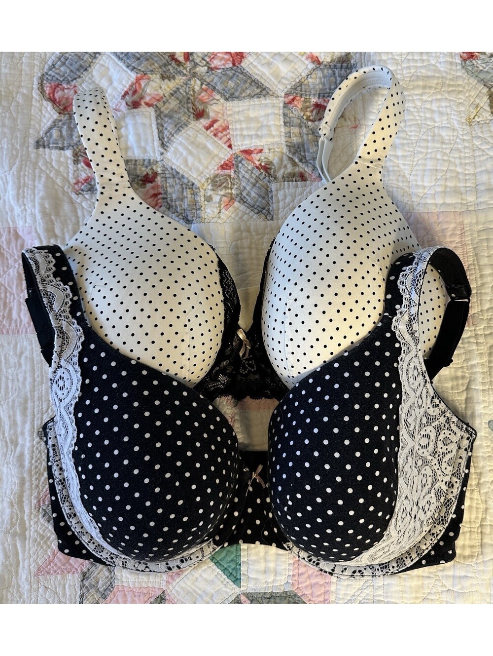 Set Of 2 Cacique Full Coverage Black & White Polka Dot Lace Detail Bras 38DDD